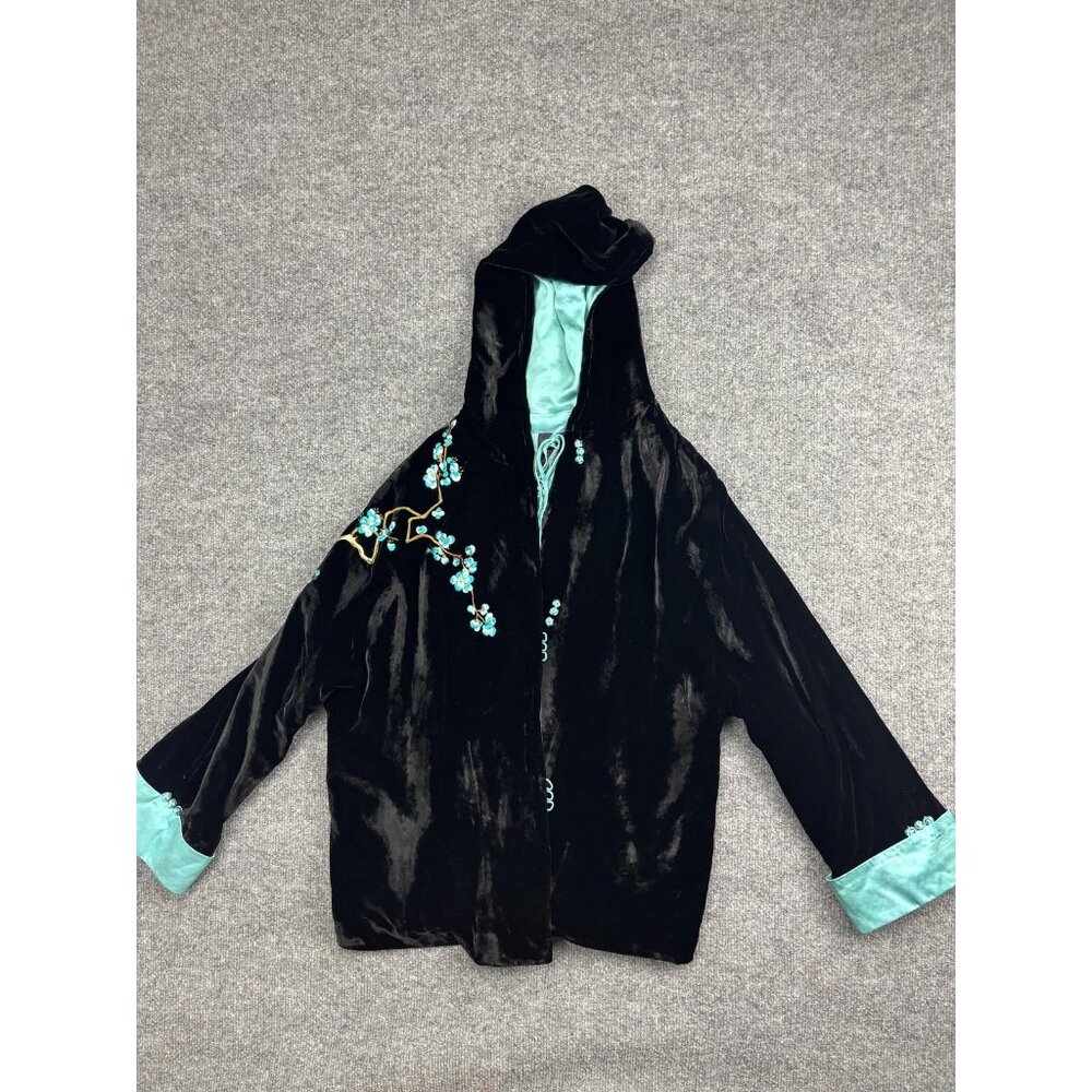 Beijing Princess Qipao Jacket Womens 36 Black Teal‎ Velvet Hooded Embroidered